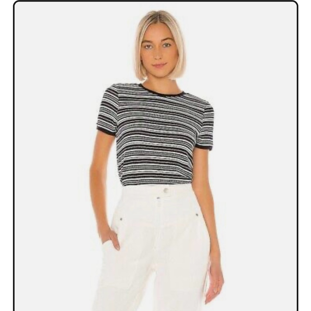 BB Dakota Top Womens Small Black White Fairisle Fancy Stripe Knit Short Sleeve
